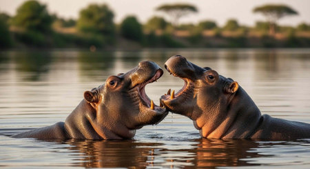 Two hippos in water, open mouths, facing each other, trees and bushes in background
