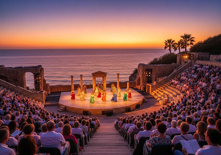 A large crowd watches a vibrant theatrical performance at an outdoor amphitheater during a serene...
