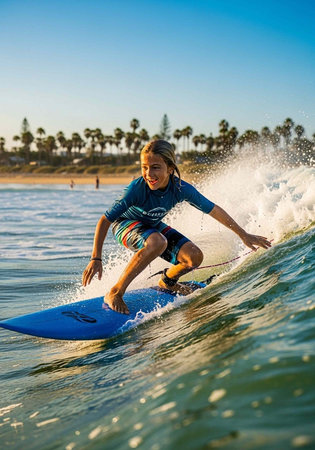 A young boy skillfully surfing on a wave in the ocean on a sunny day at the beach