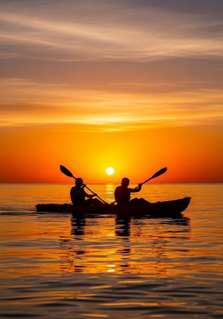 Two people kayaking on calm water during a vibrant sunset with orange hues in the skyの写真素材
