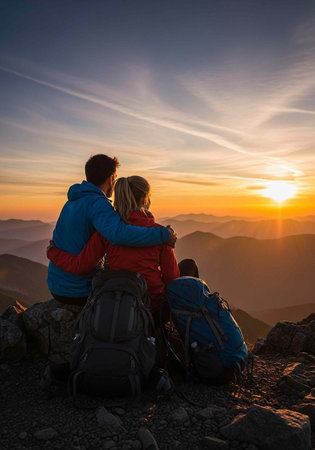 A couple sits together on a mountain peak watching a beautiful sunset