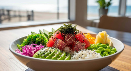 A vibrant and healthy poke bowl with fresh ingredients on a table by the ocean