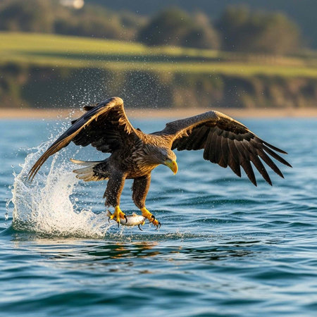 A brown eagle swoops down to catch fish in a body of water with a green landscape in the background