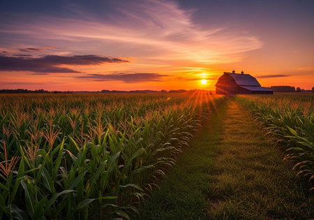 A serene cornfield at sunset with a rustic barn in the background, surrounded by vibrant nature