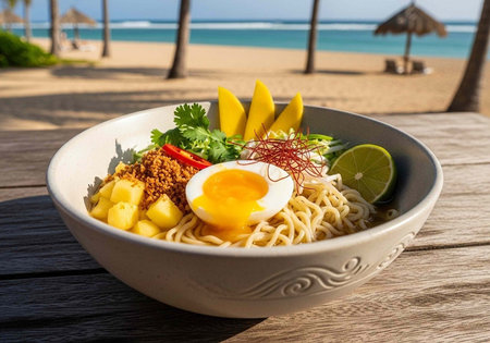 A bowl of noodles with egg and vegetables on a table at the beach on a sunny day