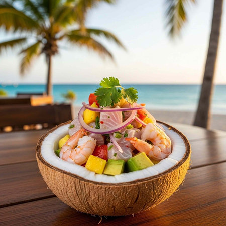 A delicious seafood salad served in a coconut shell on a wooden table by the oceanの写真素材