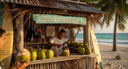 A beachside coconut stand with a vendor and customer on a sunny day by the ocean