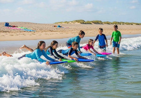 A group of children learning to surf in the ocean on a sunny day at the beach