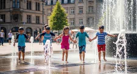 Children playing and having fun in a public fountain on a sunny day in a city square