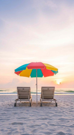 A serene beach scene with two lounge chairs and a colorful umbrella at sunset