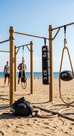 A beachside outdoor gym setup with punching bags and battle ropes on a sunny day by the ocean