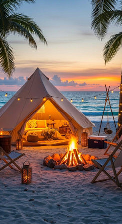 A serene beachside glamping setup with a cozy tent, warm fire pit, and comfortable seating at sunset