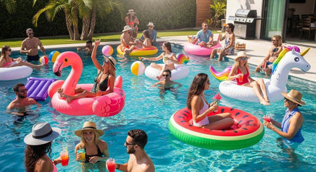 A group of people enjoying a fun and vibrant pool party with colorful inflatables on a sunny day
