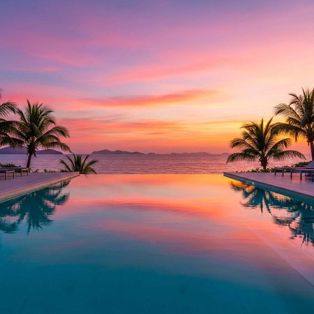 A serene infinity pool overlooking the ocean at sunset with palm trees and a vibrant sky