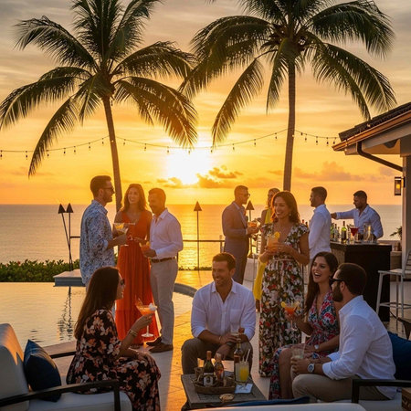 A group of people enjoying a cocktail party by the pool at sunset with a beautiful ocean view