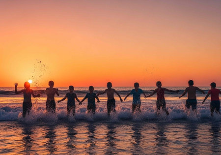 A group of children holding hands and playing in the ocean waves at sunset on a beautiful beach