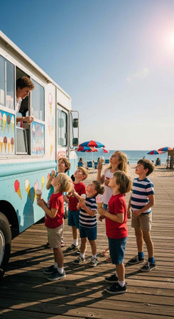 A group of happy children and adults waiting to buy ice cream from a colorful truck on a sunny beach...