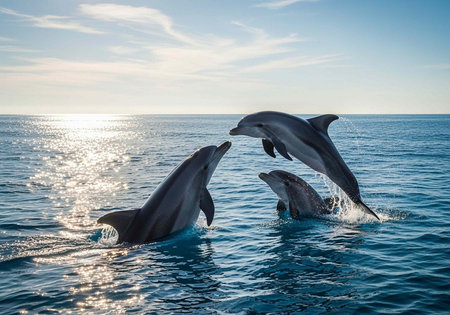 Three dolphins jumping and playing in the ocean on a sunny day with clear blue sky