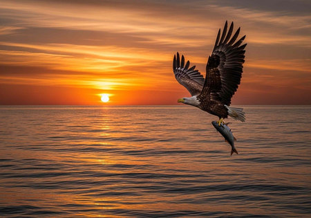 A majestic eagle flying over the ocean with a fish in its talons during a breathtaking sunsetの写真素材
