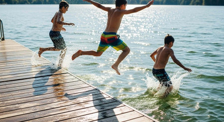Three boys jumping into a lake from a wooden dock on a sunny day