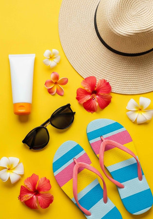 A collection of summer essentials including flip flops, sunglasses, sunscreen, and a straw hat on a...