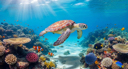 A sea turtle swims through a vibrant coral reef teeming with marine life and colorful fish in the...