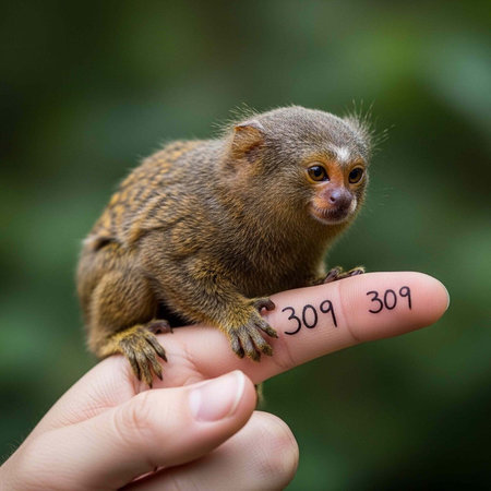 A small monkey sitting on a person's finger with a blurred green background in nature