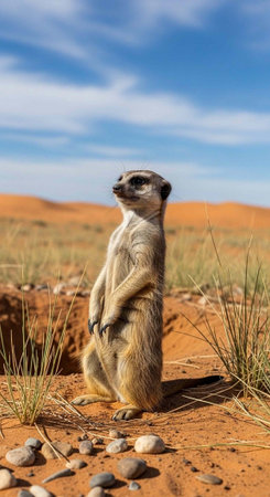 A curious meerkat stands upright on a rocky desert terrain under a blue sky with wispy clouds.の写真素材
