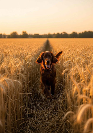 A brown dog runs through a golden wheat field towards the camera at sunset