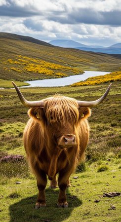 A majestic Highland cow stands proudly in a serene landscape with rolling hills and a tranquil lake