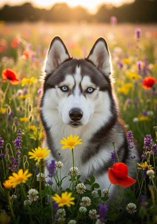 A serene husky dog sitting in a vibrant field of colorful wildflowers at sunset
