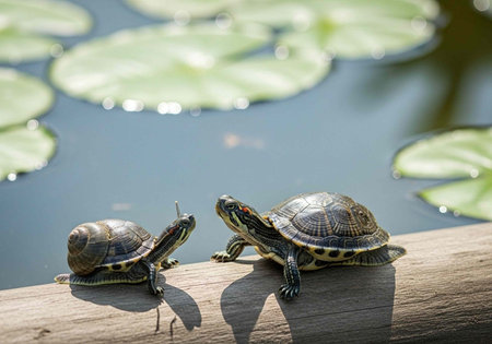 Two small turtles standing on a wooden log near a serene body of water with lily pads