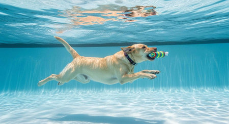 A dog swims underwater in a pool with a toy in its mouth.