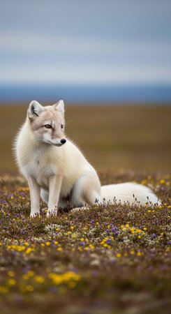 A white arctic fox sitting in a field of colorful wildflowers on a cloudy day