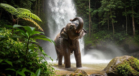 An elephant stands under a waterfall in a lush green forest surrounded by rocks and plants