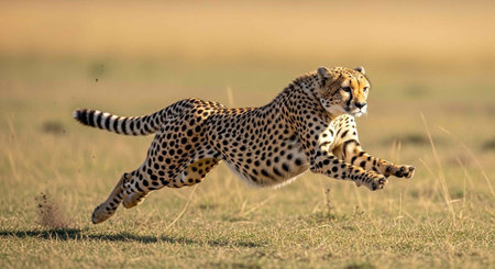 A cheetah runs swiftly across a grassy savannah in pursuit of its prey under the warm sunlight