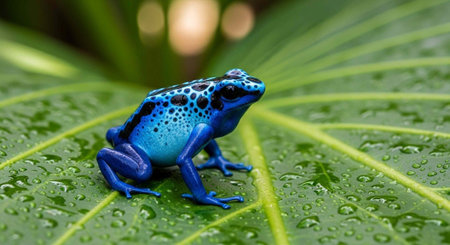 A vibrant blue frog sitting on a lush green leaf with water droplets in a serene natural environment