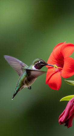 A hummingbird hovers in mid-air as it feeds from a vibrant red flower in a lush green environment.