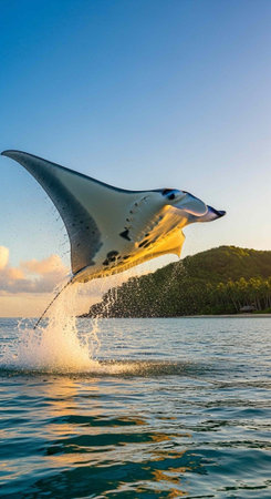 A majestic manta ray jumps out of the calm ocean water with a serene landscape in the background