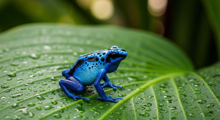 A small blue frog sitting on a green leaf with water droplets in a natural environment