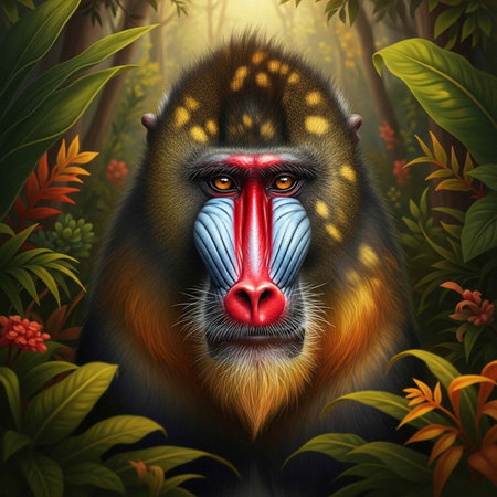 A vibrant mandrill with colorful facial markings sits calmly in a lush jungle surrounded by greenery...
