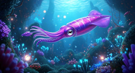 A vibrant purple squid swims through a colorful coral reef in the ocean with bright blue and purple...