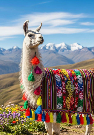 A white llama wearing colorful traditional clothing stands in a field of flowers with mountains in...