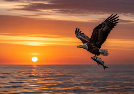 A majestic eagle soars over the ocean with a fish in its talons during a breathtaking sunset
