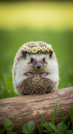 A cute hedgehog wearing a flower crown sits on a log in a green fieldの写真素材