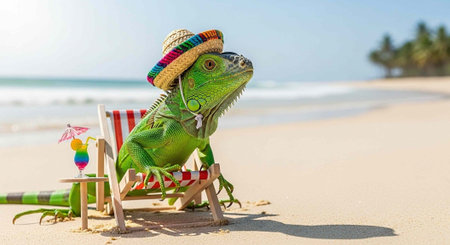 A green iguana wearing a sombrero relaxes on a beach chair at the tropical ocean shore.