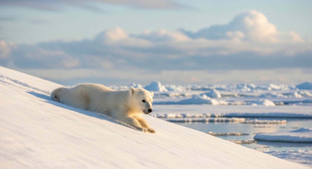 A polar bear lies on a snowy slope with icy water and clouds in the background.