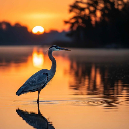 A serene heron stands in calm water at sunset, reflecting vibrant colors in the peaceful natural landscape.の写真素材