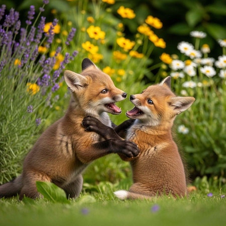 Two adorable red fox kits playfully fighting in a lush green meadow surrounded by vibrant flowers