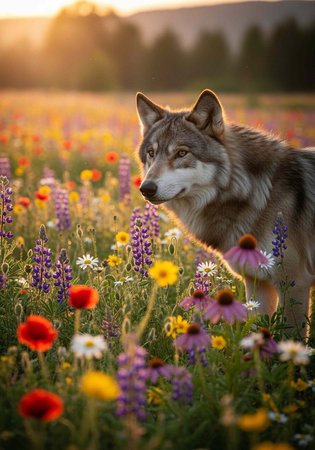 A wolf stands in a vibrant field of colorful wildflowers at sunset, surrounded by nature's beauty.